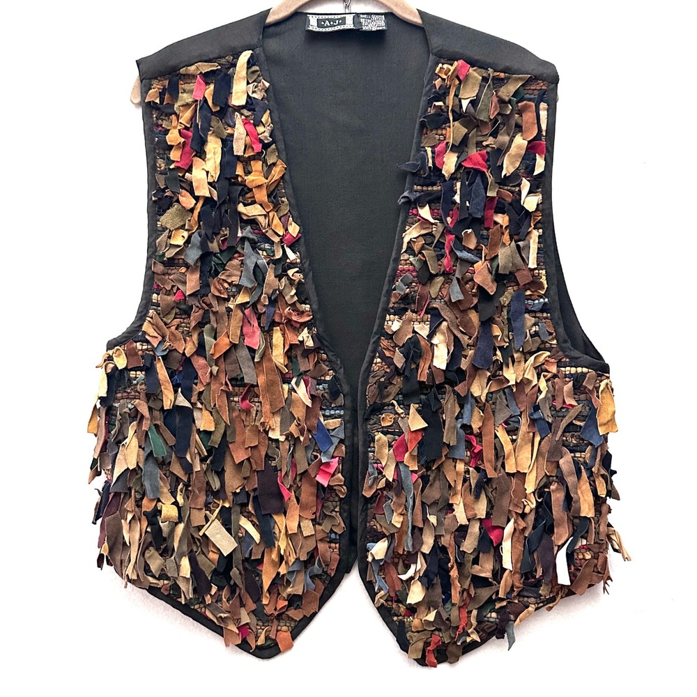 Vintage AJ Womens M Genuine Suede Leather Shaggy Fringe Vest Multi Color Boho